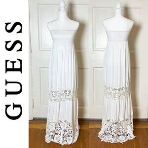Guess Long White Maxi Dress | Embroidery | Smocked Tube | Size S | EUC